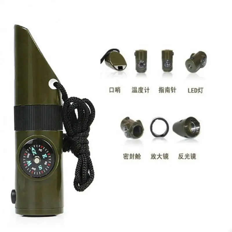 Multifunctional Whistle 7 In 1 Camping Survival Whistle Trekking Thermometer Compass Tools Magnifier Mirror 1~10PCS survival whistle sport whistle sports whistle metal whistle