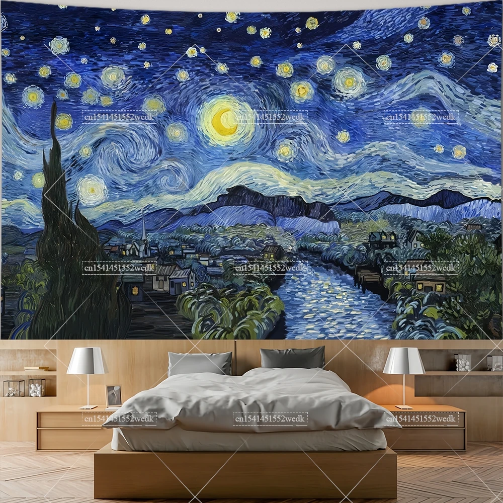 Vincent Van Gogh Sternennacht Malerei Wandteppich Berge Fluss Landschaft Wandteppich Ästhetische Raumdekoration Poster Wandteppiche – Detail 3