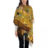 Womens Scarf with Tassel Gustav Klimt The Kiss Large Soft Warm Shawl and Wrap Abstract Freyas Art Daily Wear Pashmina Scarves 1