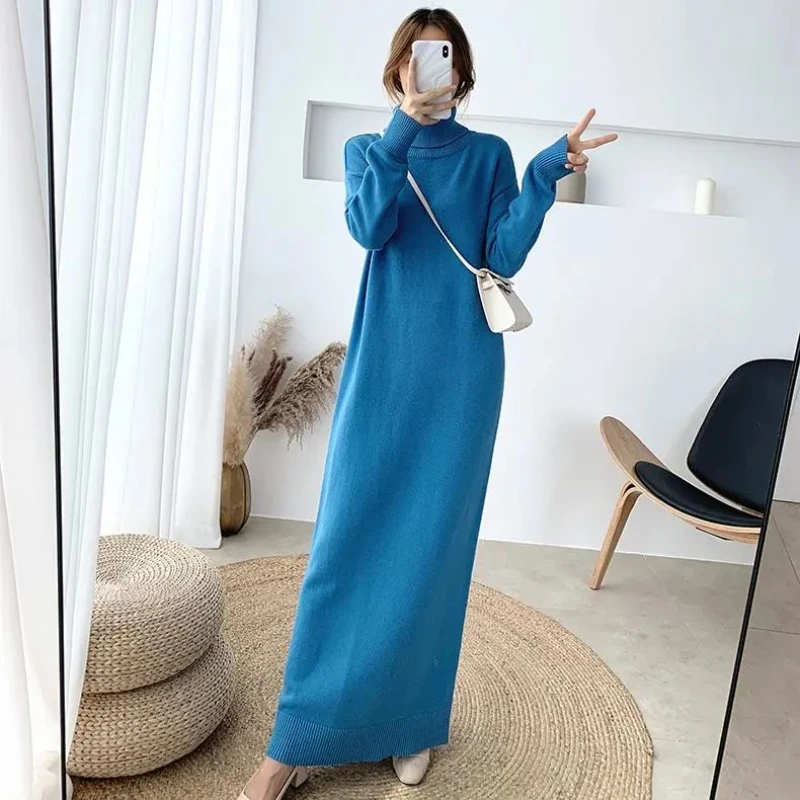 

2022 New Autumn Winter Turtleneck Long Sleeve Knitted Bottoming Dress Thick Extra Long Sweater Dress Women