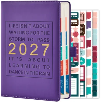 Agenda 2027 con Copertina Rigida, Pianificatore Mensile e Giornaliero da Gennaio a Dicembre, con Adesivi per Orari Orari, Tasca Interna, Organizer Portatile, Taccuino