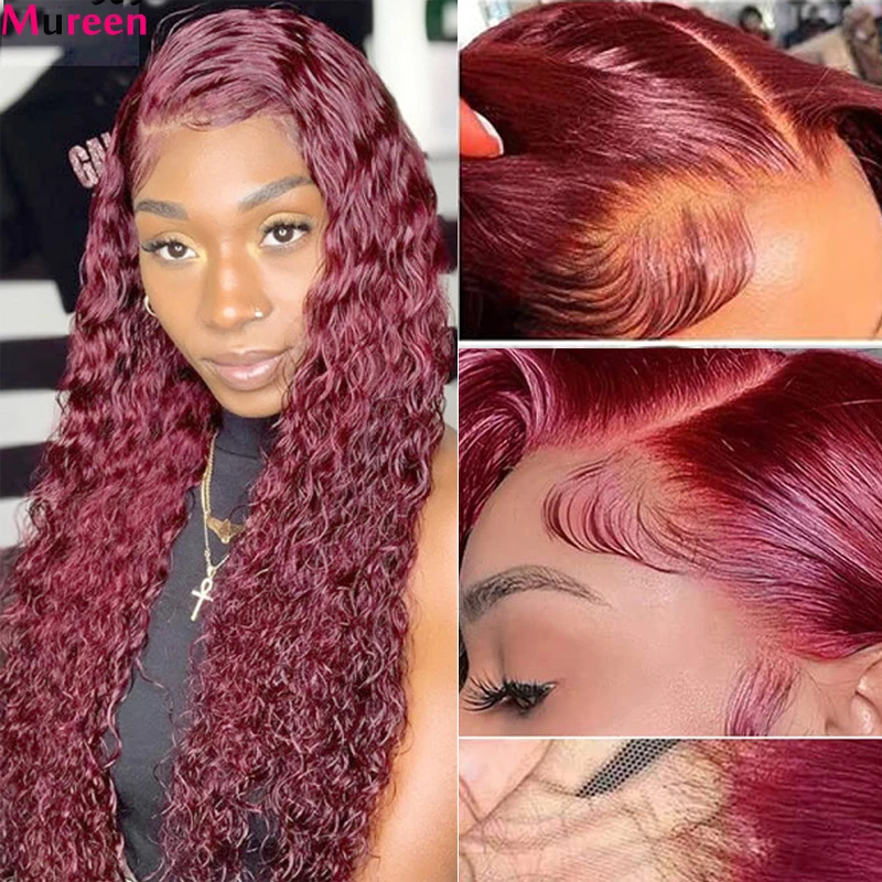 

99j Burgundy Deep Wave Glueless Lace Front human hair Wigs Ready to Wear Water Wave 4x4 Lace Closure Human Hair Wig for Women