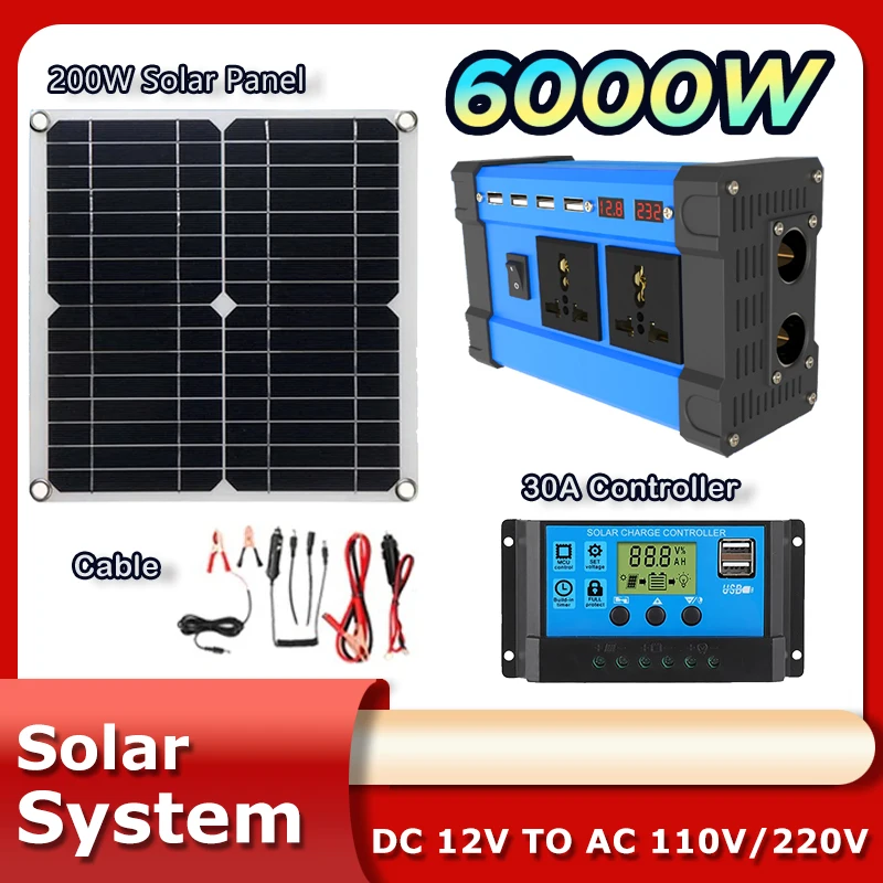 Soalr Kit Power Generation Combo 4000w Inverter 200w Solar Panel 220v Full Set for House 30A Controller 12v-220v110v Camping