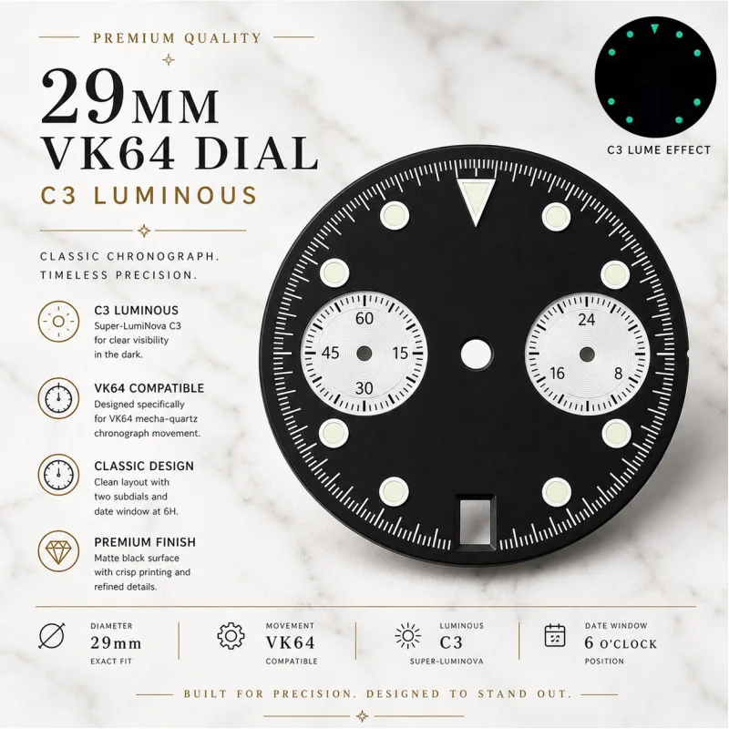 High-Quality Daytona 29mm Watch Dial with C3 Luminous Finish for Quartz Movement Assembly