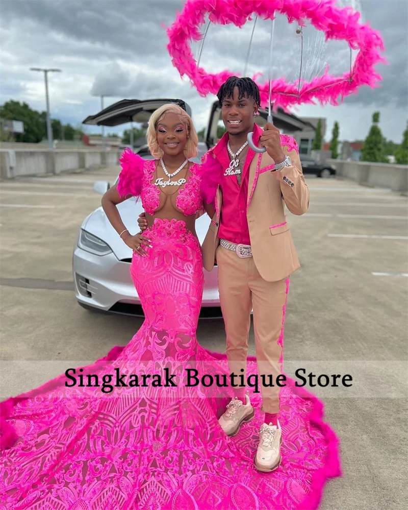 Sexy Hot Pink Feather Sequins Mermaid Prom Dress 2022 Luxury For Black  Girls Illusion Party Gowns Robe De Bal| | - AliExpress
