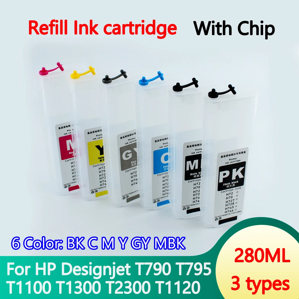 HP72 Bulk Ciss Refillable Ink Cartridge With Permanent Chip 280ML For HP Designjet T790 T795 T1100 T1300 T2300 T1120 Printers