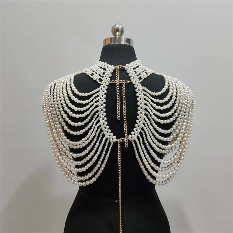 Luxuriöse Mehrschichtige Perlen-Körperkette Schal Perlenbesetzte Schulterkette Braut Hochzeit Körperschmuck Elegantes Party-Abend-Accessoire – Detail 2