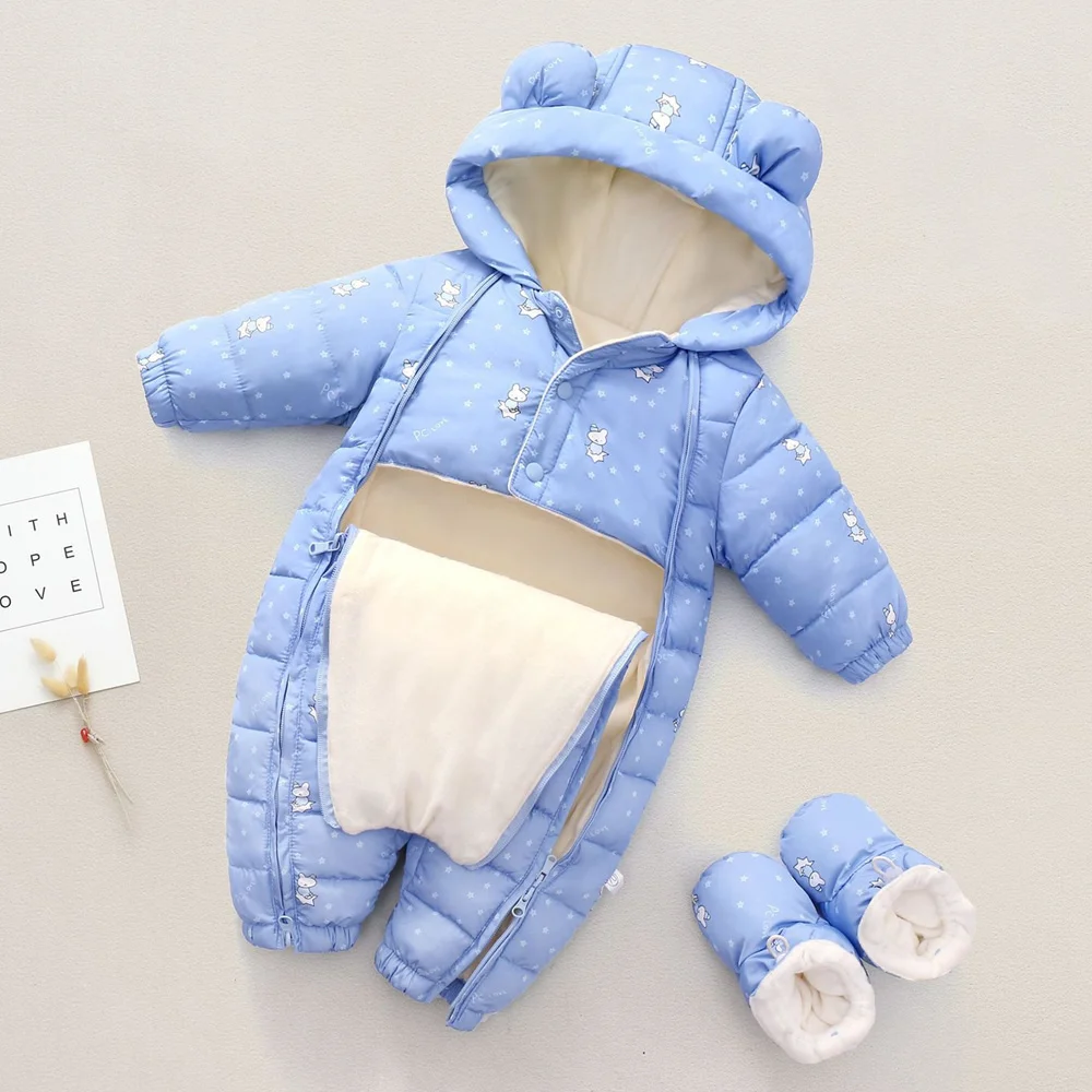New born Baby Winter Hooded Plus Velvet Jumpsuit Boy Toddler SnowSuit Girl Cotton Overalls Rompers Flannel