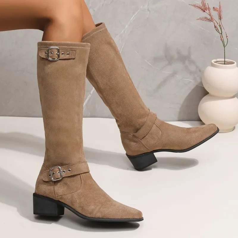 

Женские ботинки без шнуровки, однотонные теплые ботинки из флока с квадратным носком, до середины икры, на массивном каблуке, в римском стиле, для зимы, 2023