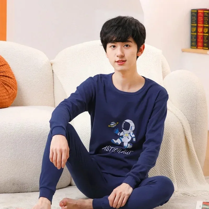 100% 순면 소재 남아 파자마 세트, 817세(1014세) 청소년용, 긴팔 네이비 블..