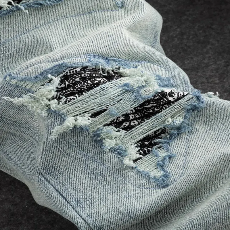High Street Fashion Men Jeans Retro Blue Stretch Skinny Fit Ripped Jeans Men Bandana Patched Designer Hip Hop Brand Pants Hombre