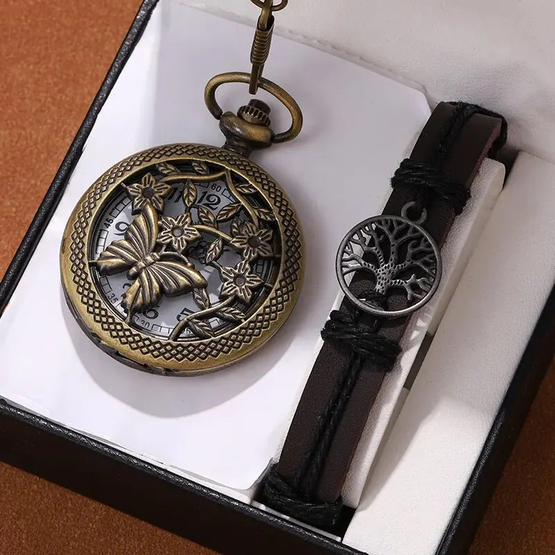 Mode papillon creux sculpté Quartz montre de poche collier pendentif cadeaux pour les femmes homme avec chaîne Fob