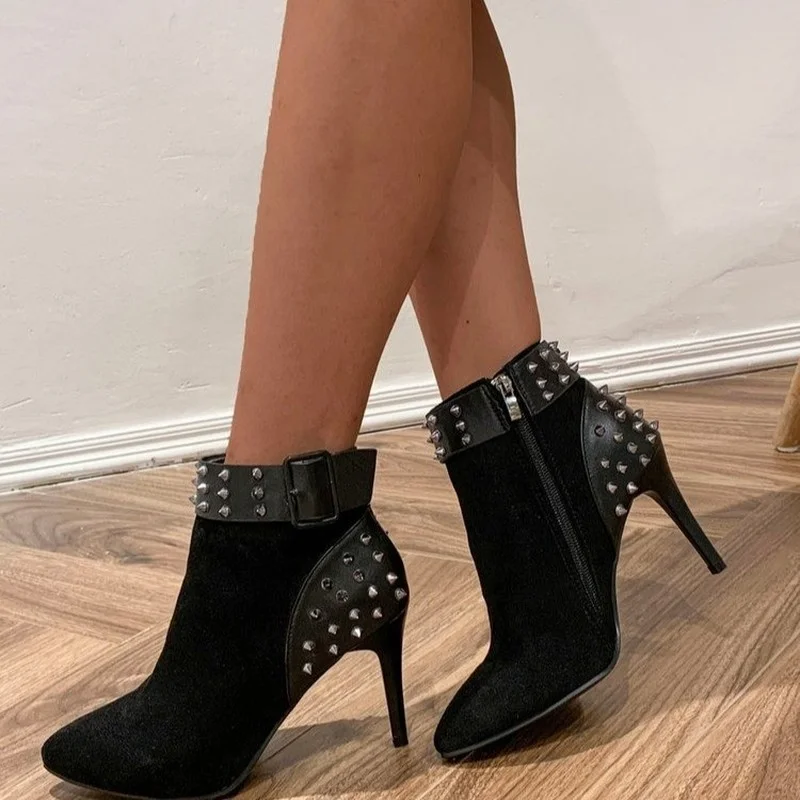 

High Heels Women's Boots Autumn and Winter New Fashion Rivet Pointed Toe Ankle Boots Outdoor Side Zipper Stiletto Casual Shoes