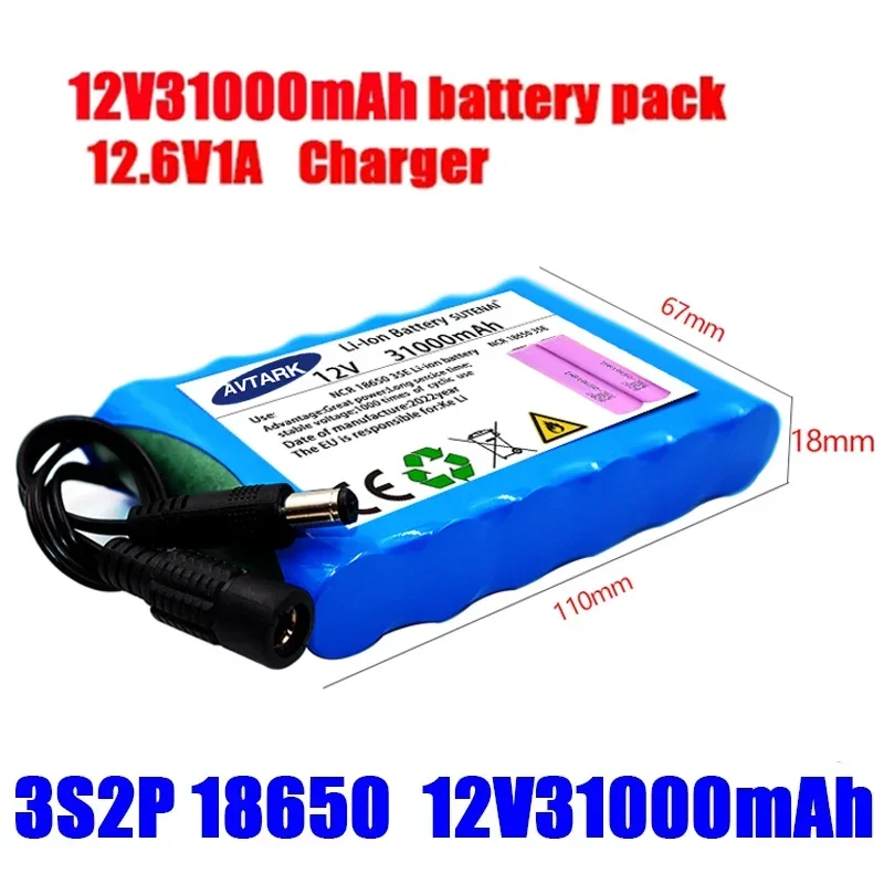 18650 Rechargeable Battery 12V 31000mah Lithium Battery Pack Capacity DC 12.6V 31Ah CCTV Cam Monitor with Charger