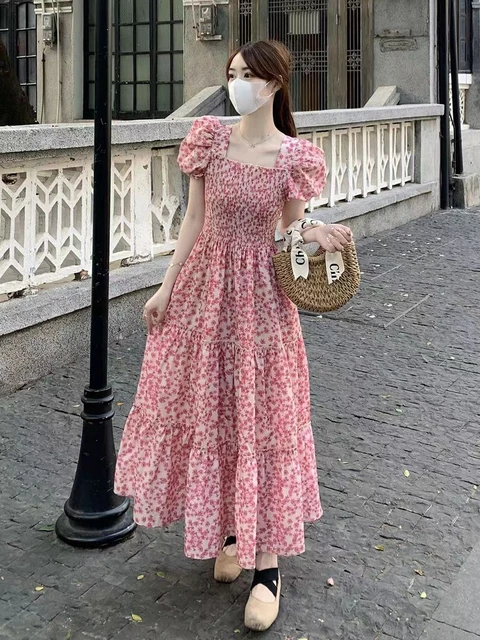 Summer Dress Women Maxi Pink Romantic Vintage French Style Square