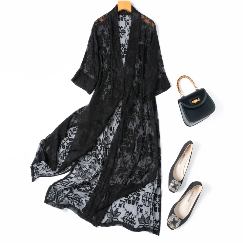 2024 Women's Summer New Natural Mulberry Silk Heavy Industry Embroidery Loose Split Sleeve Cardigan Sunscreen Shawl Coat