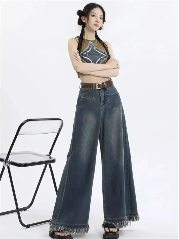 

Blue Baggy Jeans for Women 2023 New Fashion Tassel Burrs Retro Streetwear Wide Leg Pants Loose High Waist Denim Pant Pantalones