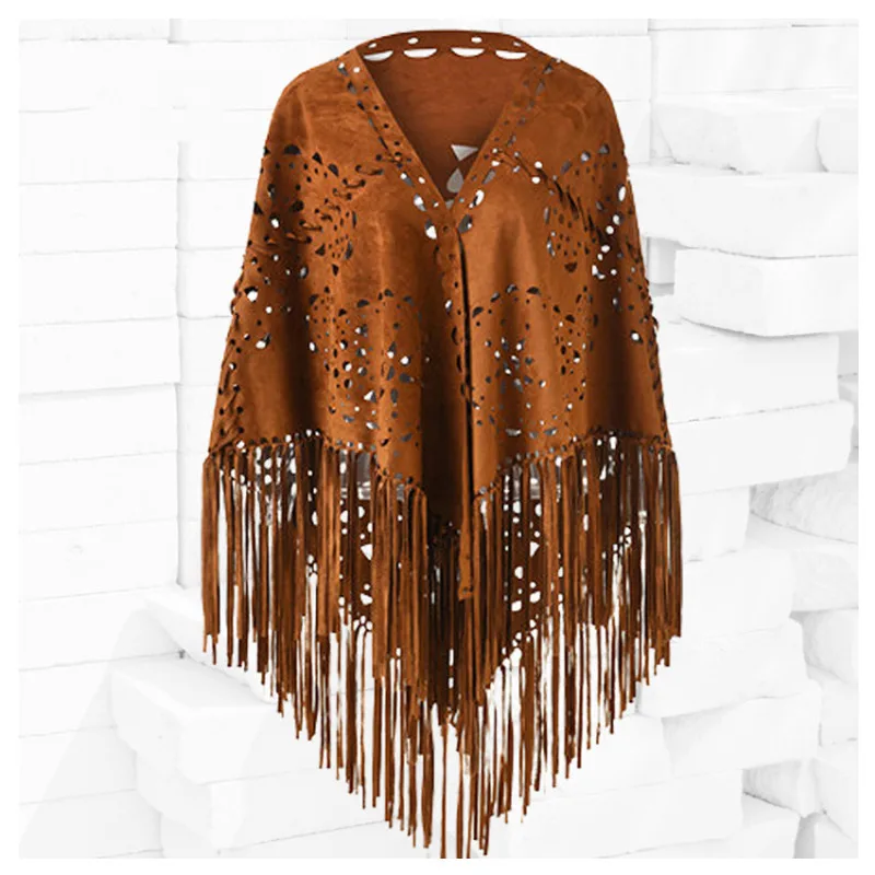 

Camel Suede Floral Hollow Out Fringe Tassel Shawl Women Vintage Capes Ponchos Autumn Bohemian cardigan Cloak Boho Capes