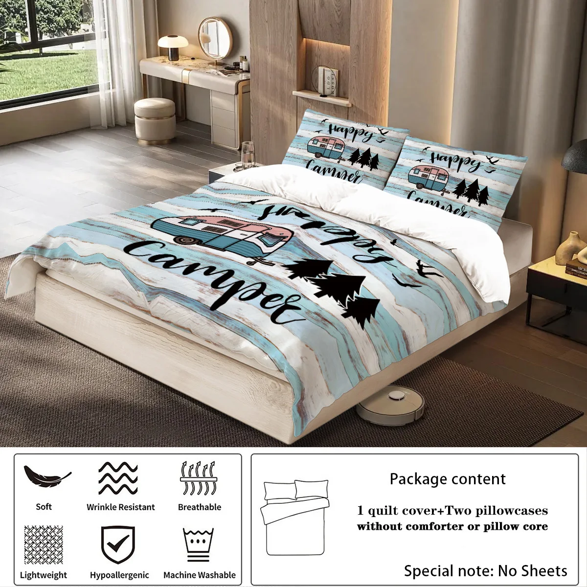 3pcs Happy Camper Pattern Printed Bedding Set, Suitable For Teenagers And Adult's Bedroom, Camping, 1*Duvet Cover+2*Pillowcase 4