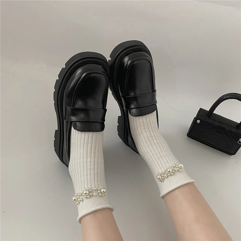 Rimocy Fashion Platform Women's Loafers 2022 Spring Thick Bottom Slip on Casual Shoes Woman Office Black PU Leather Flats Shoes