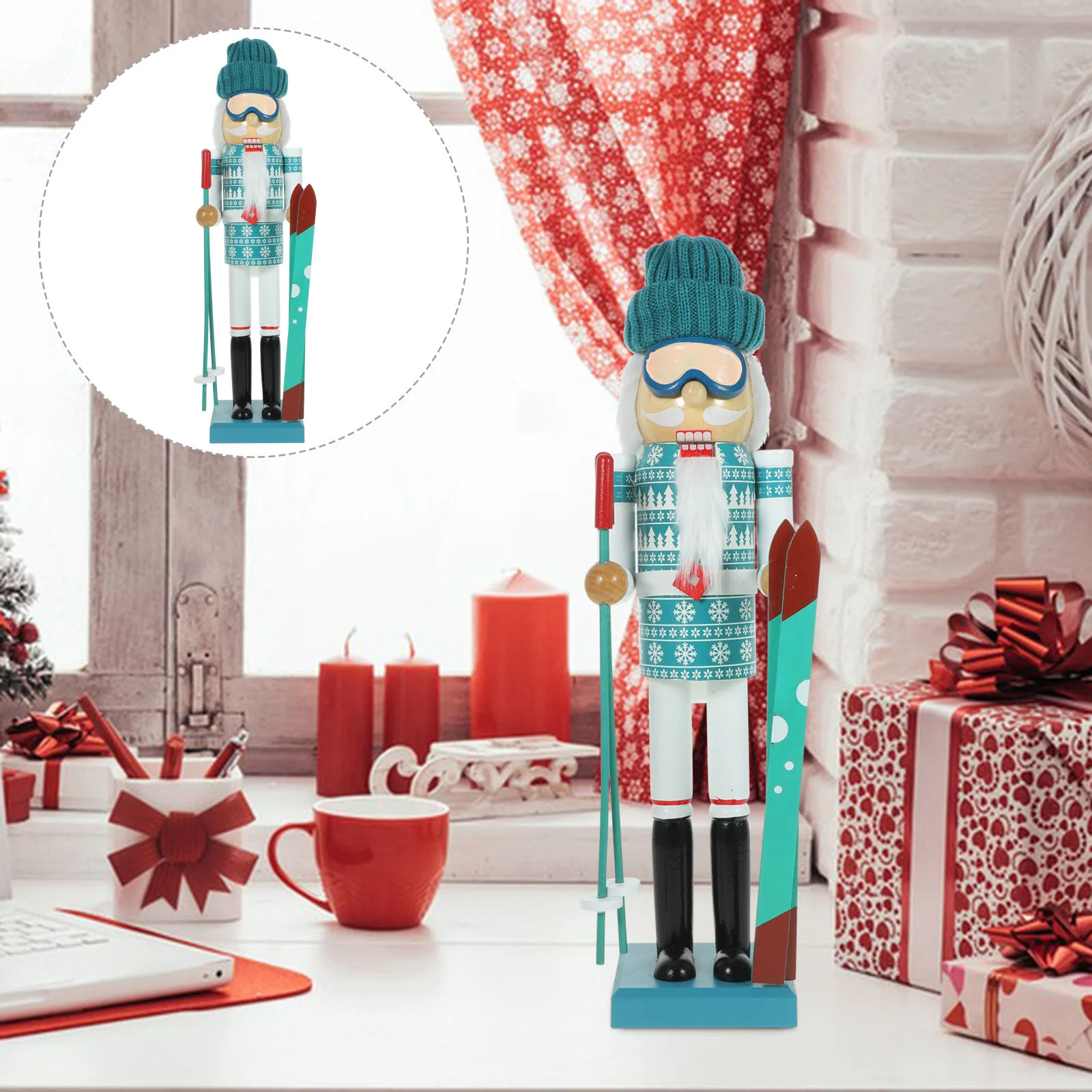 

Christmas Ski Instructor Man Santa Nutcracker 38Cm Wooden Skiing Nutcracker Puppet Ski Sticks Xmas Themed Holiday Nut