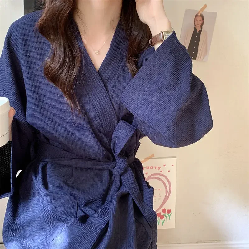 Long Robes Women Solid Simple Casual Fit Comfortable Breathable Homewear Pockets Elegant Korean Style Sleeve Leisure Robe