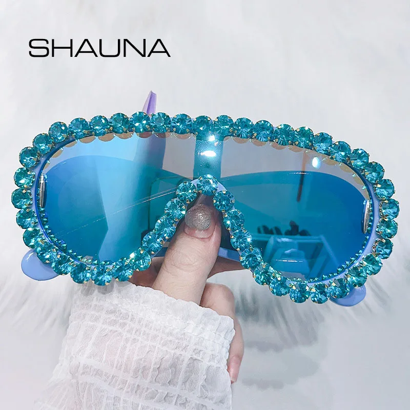 SHAUNA Crystal Oversized Mirror Coating Women Goggle Sunglasses UV400_voghion.com