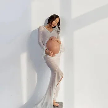 Maternity Dresses Photography Stretchy Transparent Mesh Lace Maxi Dress Belly Baring Floor Length Gown For Pregnancy Photo Shoot