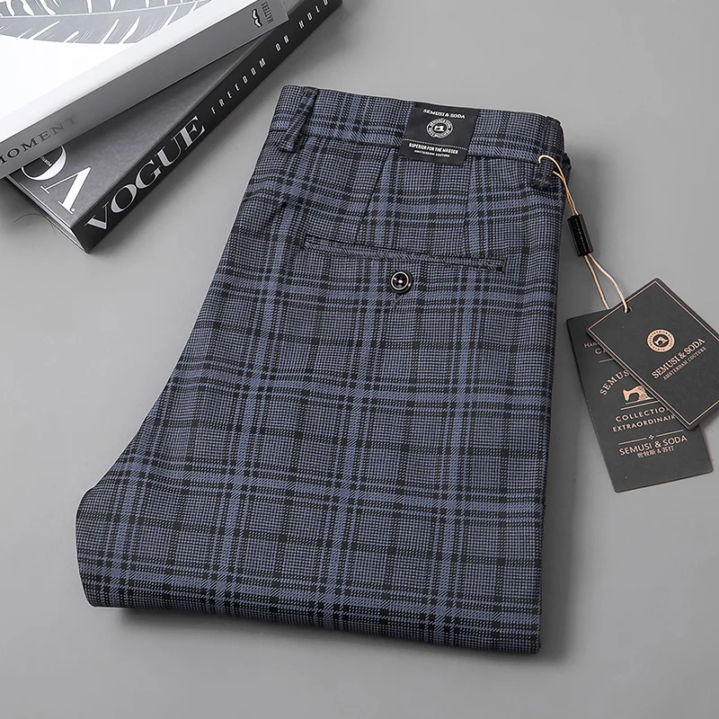 Four Seasons England Plaid Work Stretch Pants Men Business Fashion Slim Fit Grey Blue Casual Pant Male Brand Trousers men trousers