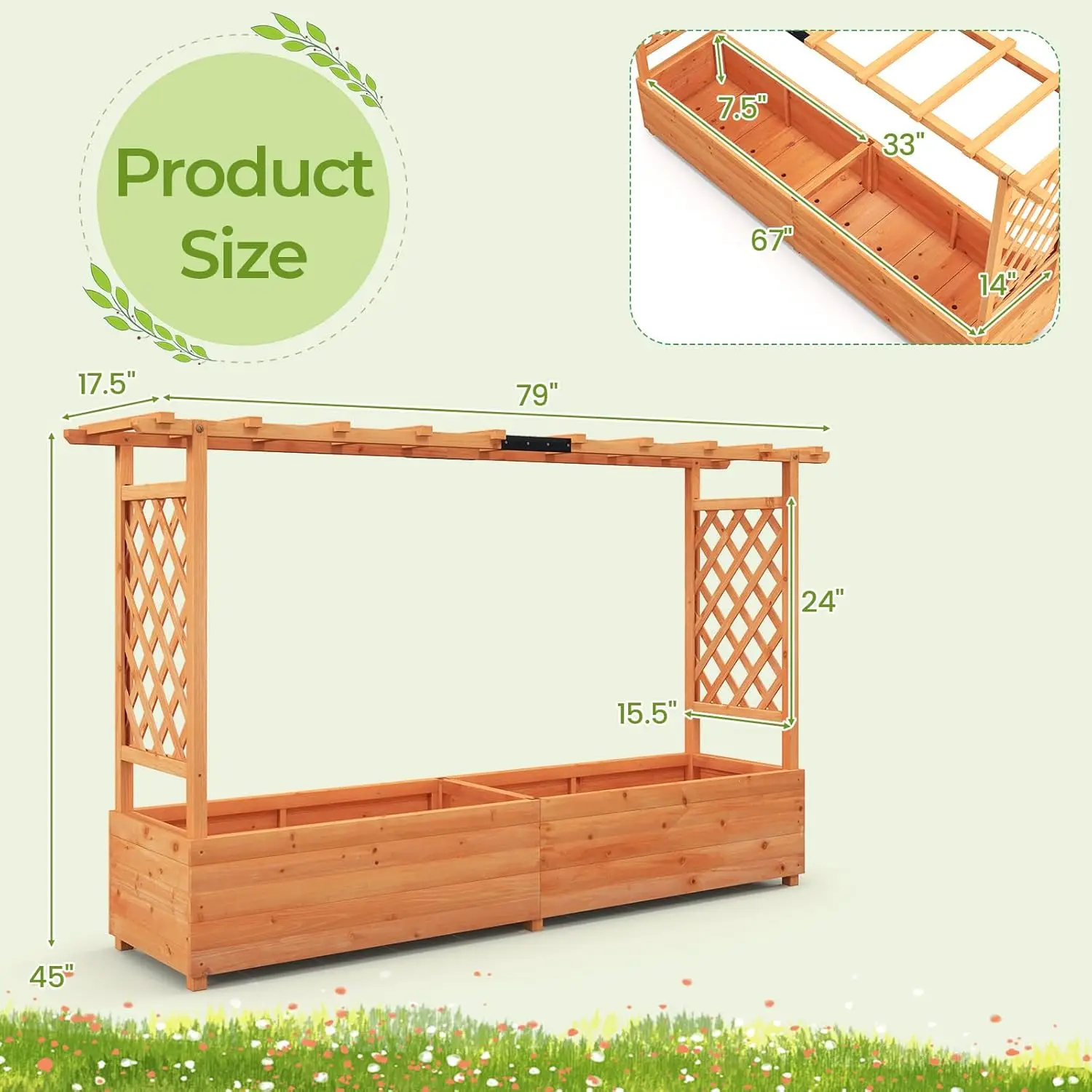 Raised Garden Bed with Trellis, 2 Pack Freestanding Wood Planter Box w/Hanging Roof & 8 Drainage Holes for Vine Climbing 3