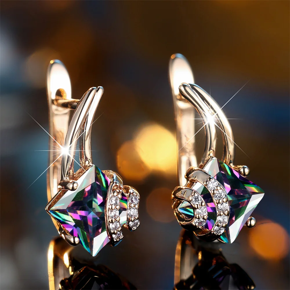 Multicolor Square Crystal Stone Geometric Hoop Earrings For Women Vintage Gold Color Ear Buckle Wedding Jewelry Engagement Gifts