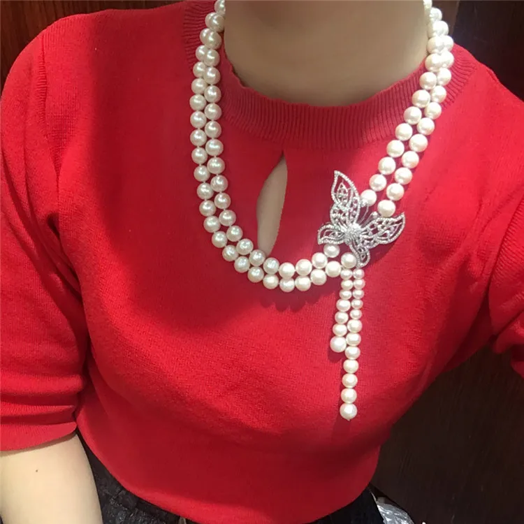 Hand knotted 8-9mm white natural freshwater pearl bow micro inlay zircon clasp tassel necklace fashion jewelry