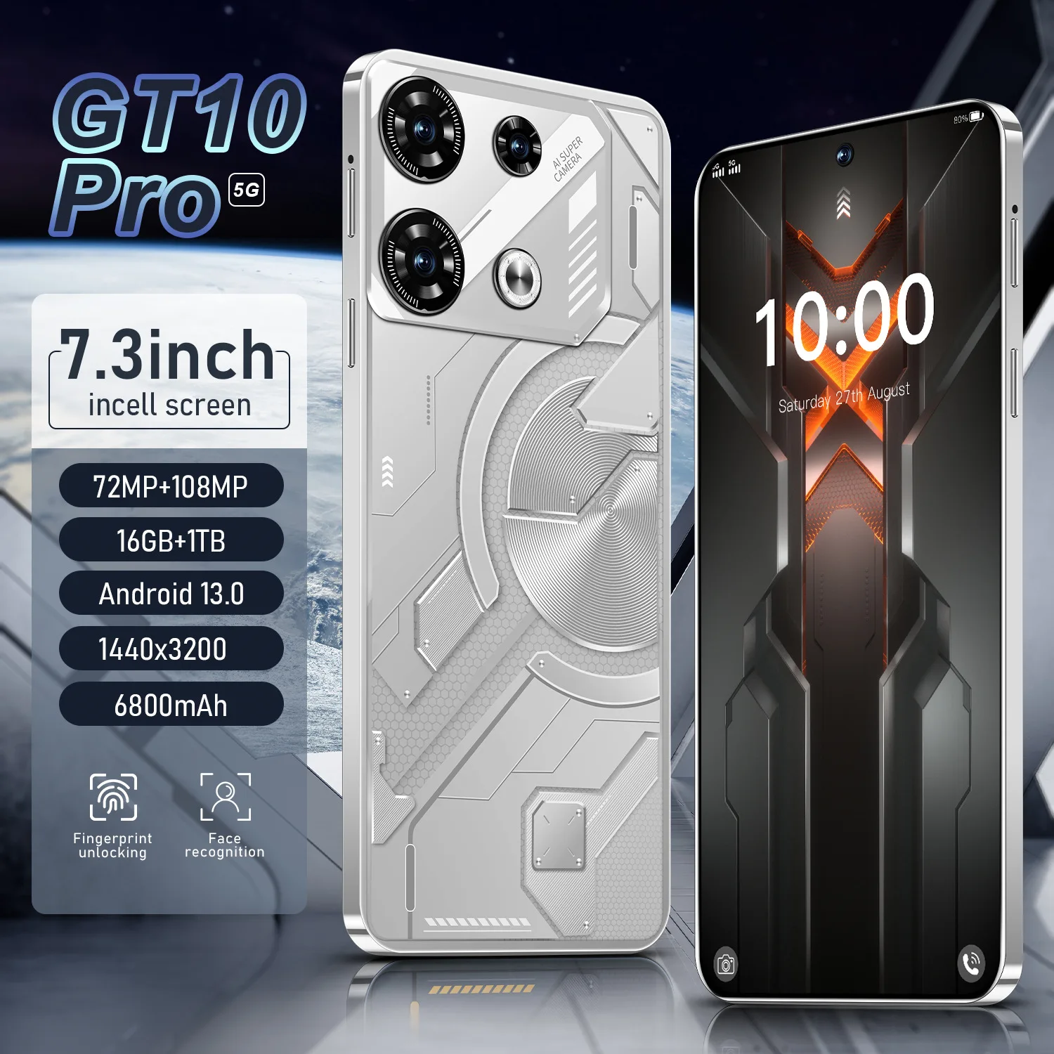 

Original GT10 Pro Smart phone 7.3inch Global Version 22G+2TB Snapdragon8 gen3 Android13 50+108MP Cellphone Mobile Phone NFC