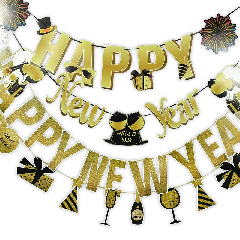 

2024 Happy New Year Black Gold Banner Hanging Swirls Flag Xmas New Year Eve Party Decorations Photo Props Supplies
