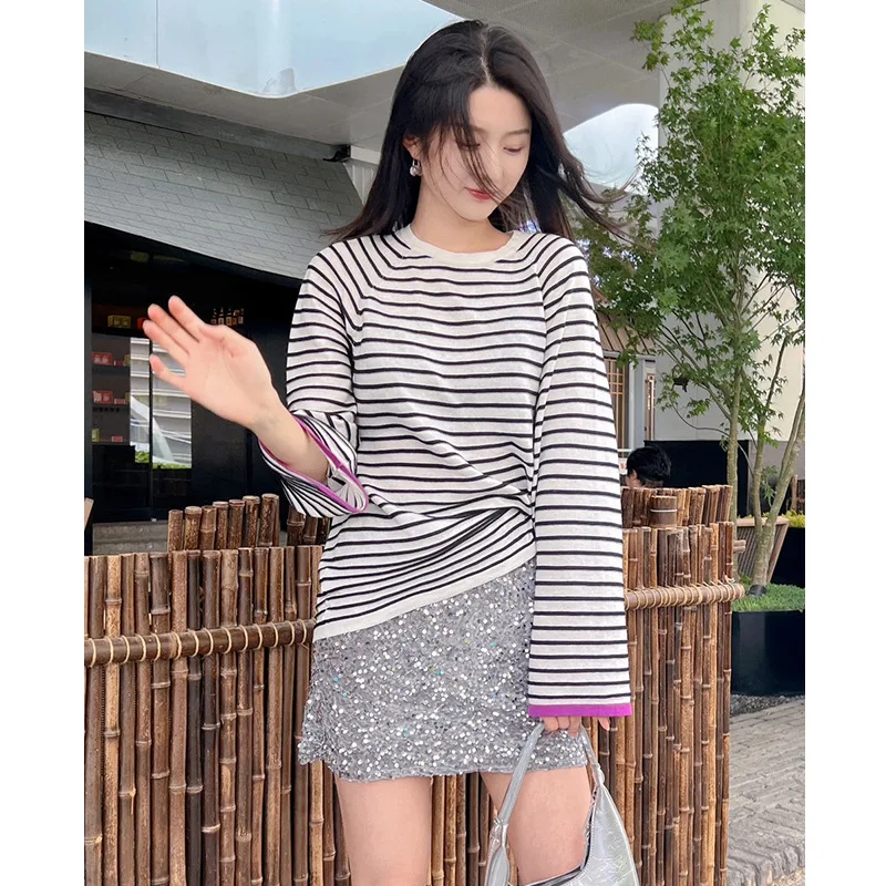 

Spring and Summer New Long-staple Cotton Yarn Striped Loose T-shirt Women Loose Casual Hundred with Tops