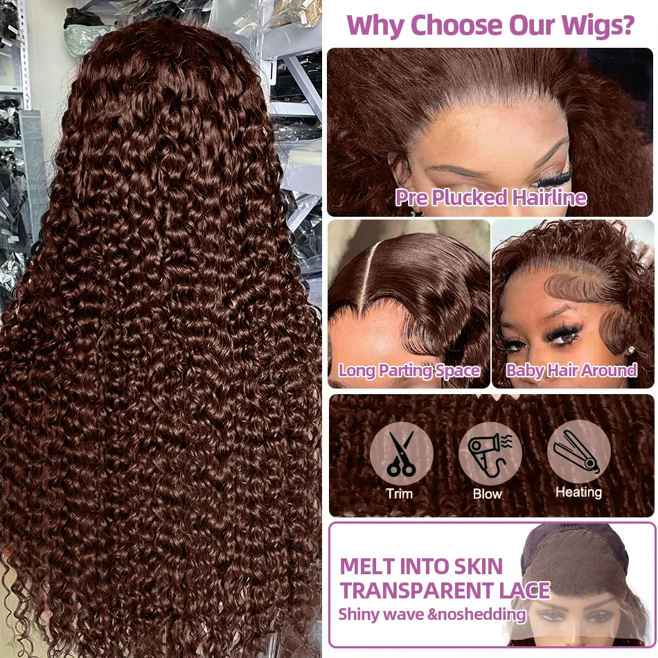 Human hair wig Links Curly Wigs Chocolate Brown Deep Wave 13x6 HD Lace Frontal Human Hair Wigs 40 Inch Remy #2 Colored 13x4 Lace Front Wig