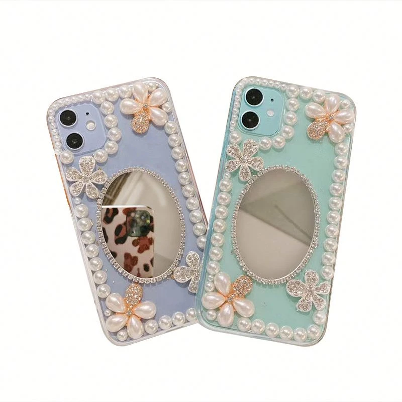 New Fashion Gold Foil Glitter Pearl Drops Colla Trasparente Pearl Flower Makeup Mirror Phone Case Per Iphone 15 14 13 12 Pro Max