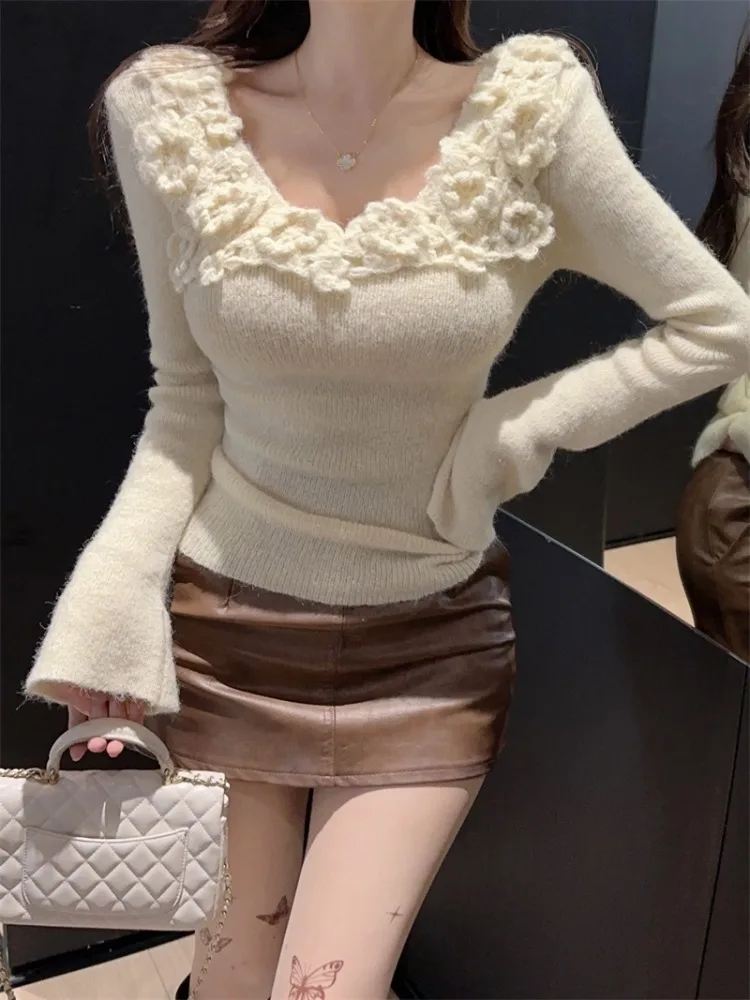 

ADAgirl Flower Patchwork Knitwear Sweater Women Elegant Flare Sleeve V-neck Pullovers Korean Style Cleanfit Slim Casual Clothes