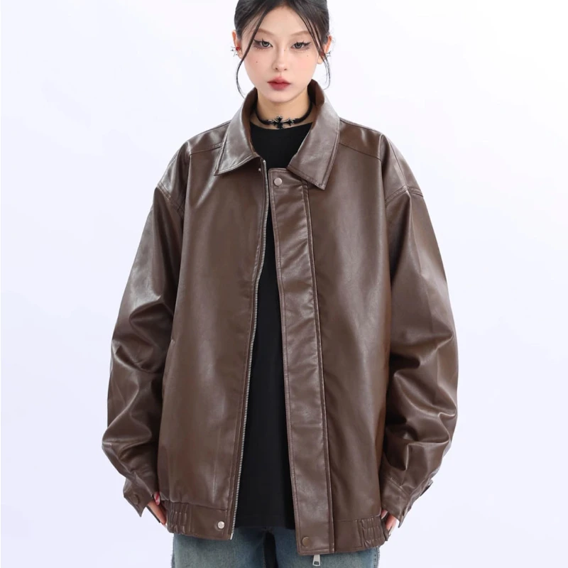 HOUZHOU Motorcycle Leather Jacket Women Y2k Fashion Zipper PU Polo-neck Tops Sweet Personal Streetwear Vintage Oversized Coats