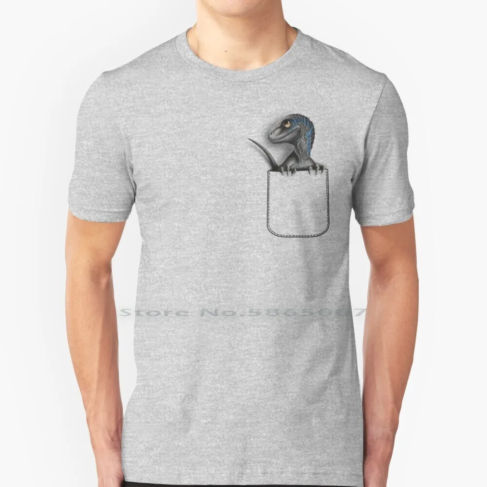 Pocket-Baby Blue T Shirt Cotton 6Xl Dinosaur Blue Velociraptor Pocket Aussify World