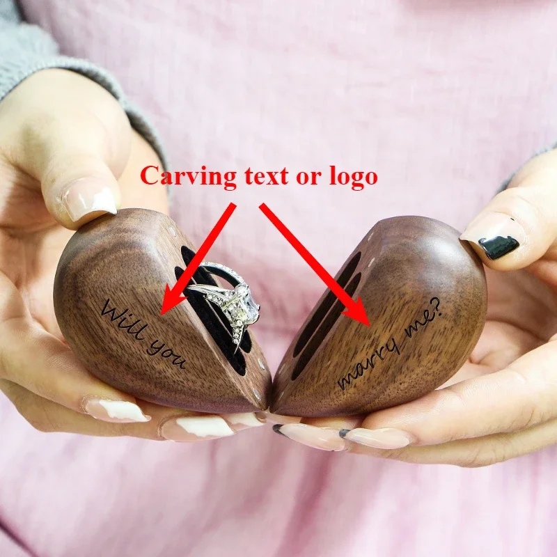 Engraved Walnut Wood Heart-Shaped Double Ring Box for Wedding/Anniversary Gifts Jewelry Organizer 4