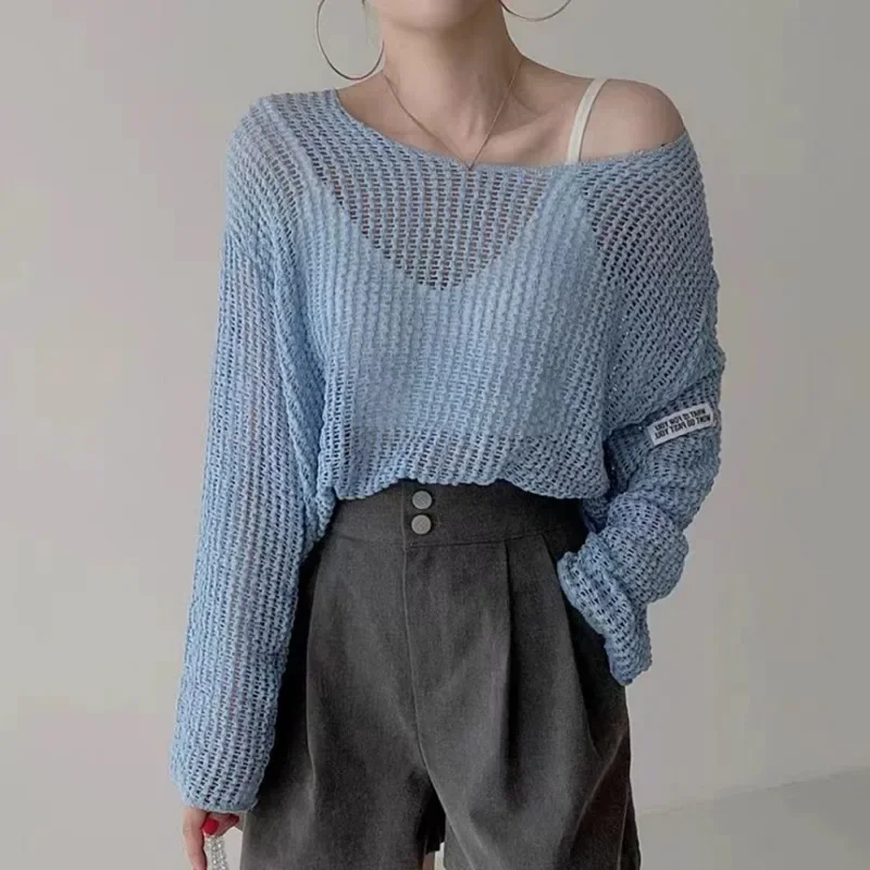 Korean Fashion Hollow See Through Sunscreen Knit Covers UpRound Neck Loose Casual Women Blouse Long Sleeve Simple Thin Shirts