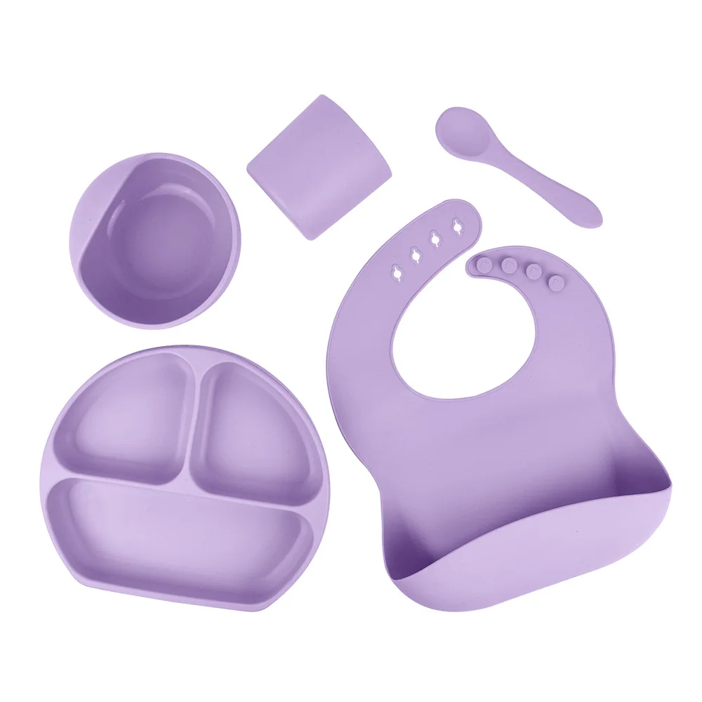 

5PCS/Set Baby Silicone Sucker Bowl Plate Cup Bibs Spoon Fork Sets Children Non-slip Tableware Baby Feeding Dishes BPA Free