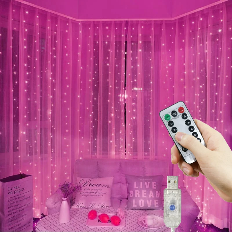 thumbnail image 1 of Cortina de luces LED con USB, 3, 4 y 6 m, 8 modos, luces de hadas para dormitorio, decoración de bodas y Navidad para el hogar, decoración de Año Nuevo 2025, 1 of 5