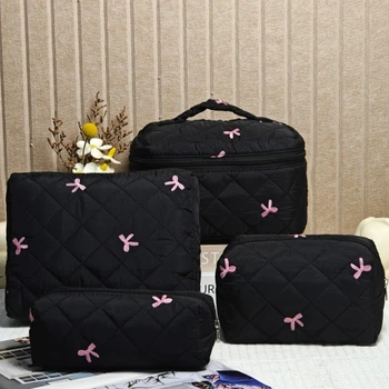 Borsa per trucco portatile nera Borsa per cosmetici trapuntata con fiocco rosa di grande capacità Borsa da viaggio per articoli da toilette da donna 2025