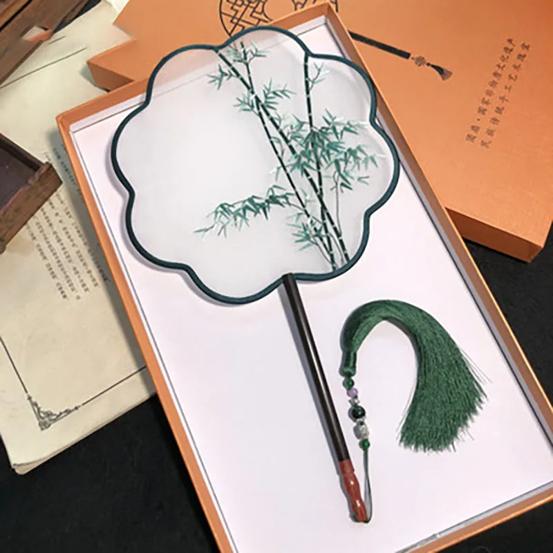 Chinese Suzhou Double-sided Embroidery Hand Held Fan, Ancient Dance, Translucent Silk, Round Circular Fan with Tassel, Chinese H