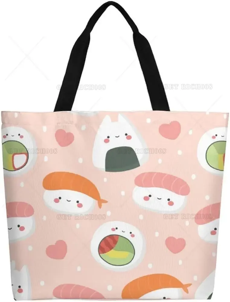 Sushi Lover Cute Cartoon Girl Tote Bag Large Women Casual Shoulder Bag Handbag Reusable Beach Shopping Grocery Bag for Outdoors eco reusable tote bag cartoon floral fruit vegetable grocery factory directly sale recycle shopping bag can customized logo