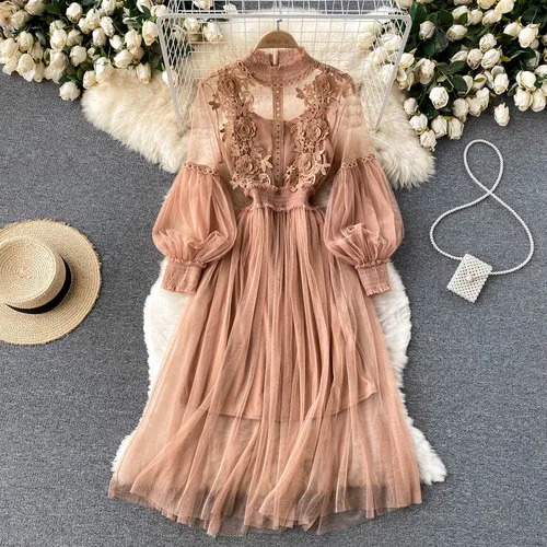  VAIZA Dresses for Women Women's Dress Lantern Sleeve Lace  Overlay Dress Dresses (Color : Beige, Size : Medium) : Clothing, Shoes &  Jewelry