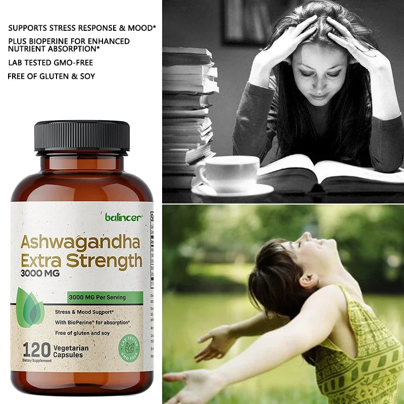 

Ashwagandha Supplements - Stress Relief & Anxiety Relief, Calming, Mood Ease, Focused Energy, Adrenal Cortisol Support