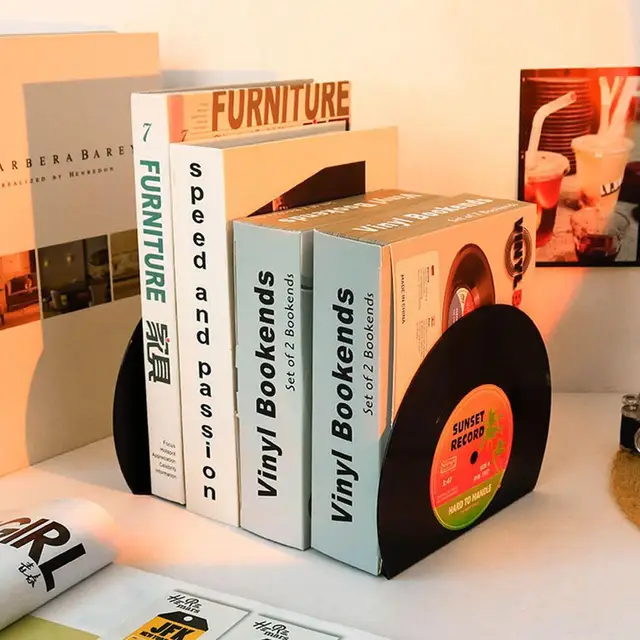 Retro Vinyl Bookends Fekete Lemezkönyv Vége Klasszikus Cd Vintage Dekoratív Könyvpolcokhoz Nonskid Bookend Asztali Dekoráció Y7F7 - Image 4